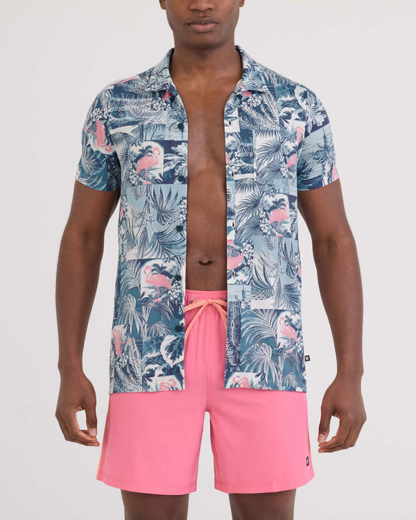Front - Model wearing Droptemp Dry Resort Polo in Botanique-Washed Indigo
