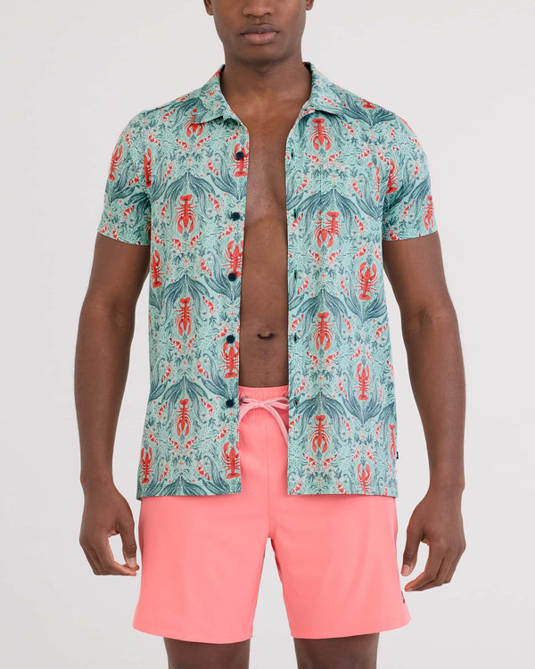 Front - Model wearing Droptemp Dry Resort Polo in Lobster Flourish-Mint