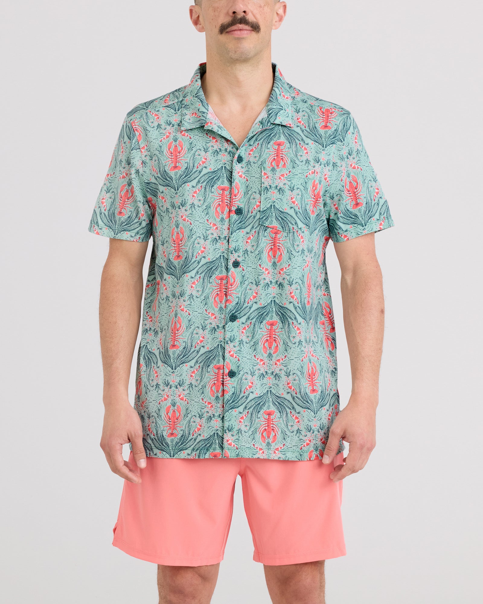 Front - Model wearing Droptemp Dry Resort Polo in Lobster Flourish-Mint