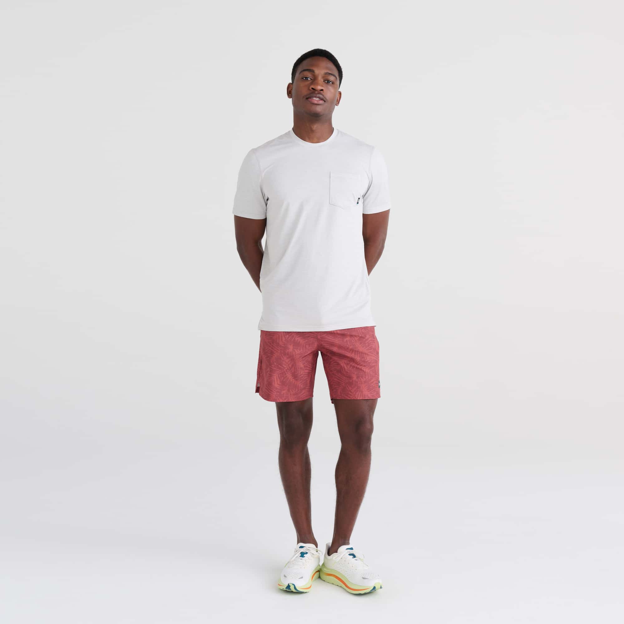Front - Model wearing Multi-Sport 2N1 Short Regular in Palm Camo- Desert Red