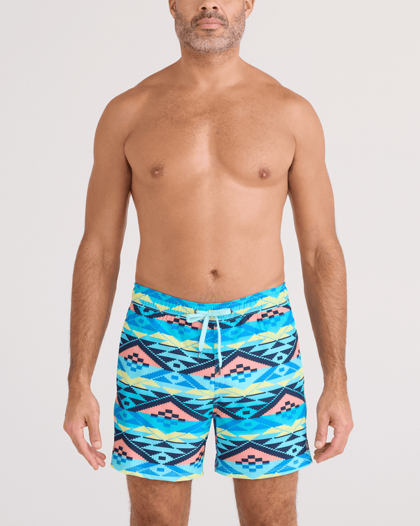 Front - Model wearing  Oh Buoy 2N1 Swim Trunk 5" in Geo Gradient-Aqua