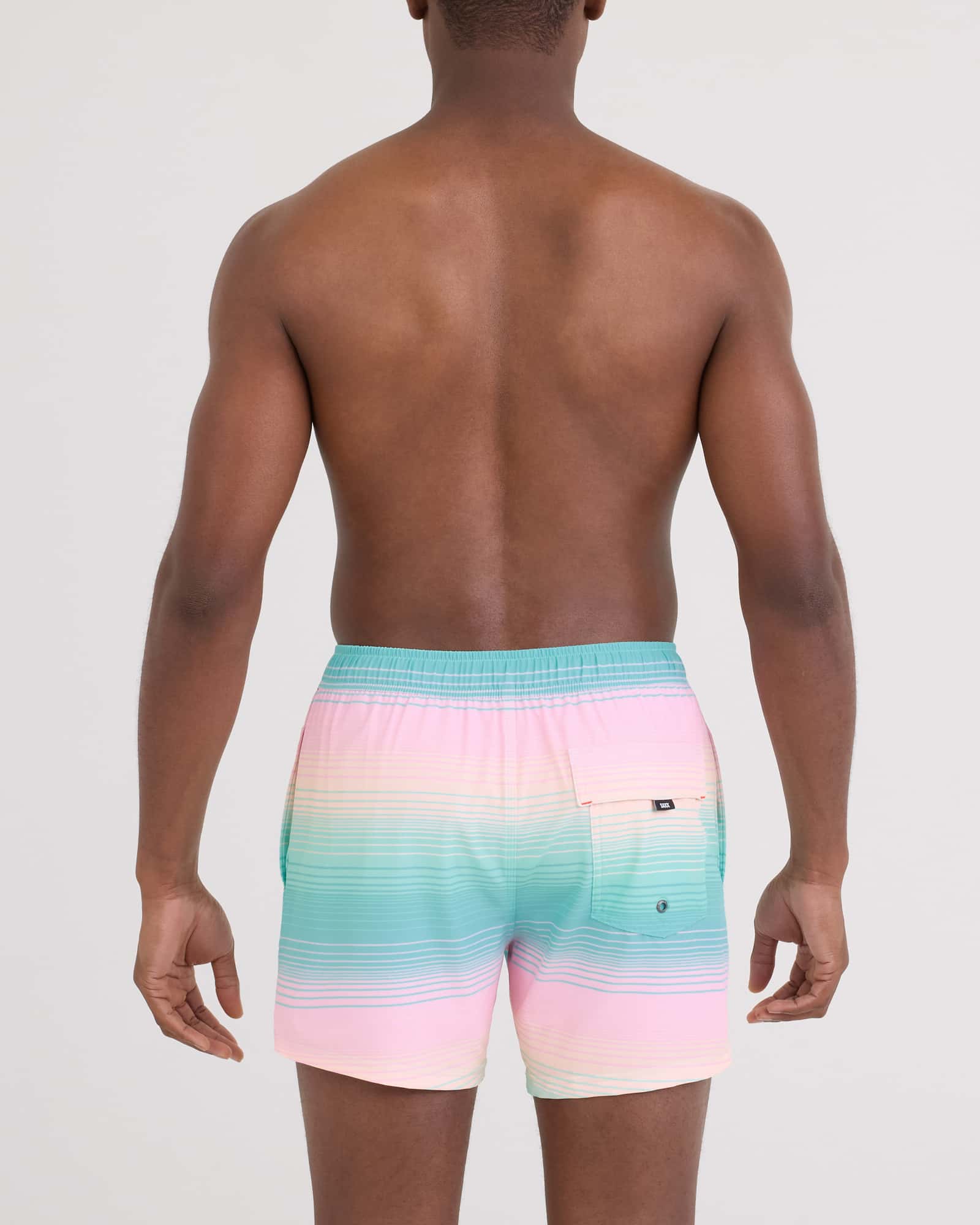 Back - Model wearing Oh Buoy 2N1 Volley 5" in Hazy Stripe-Aqua