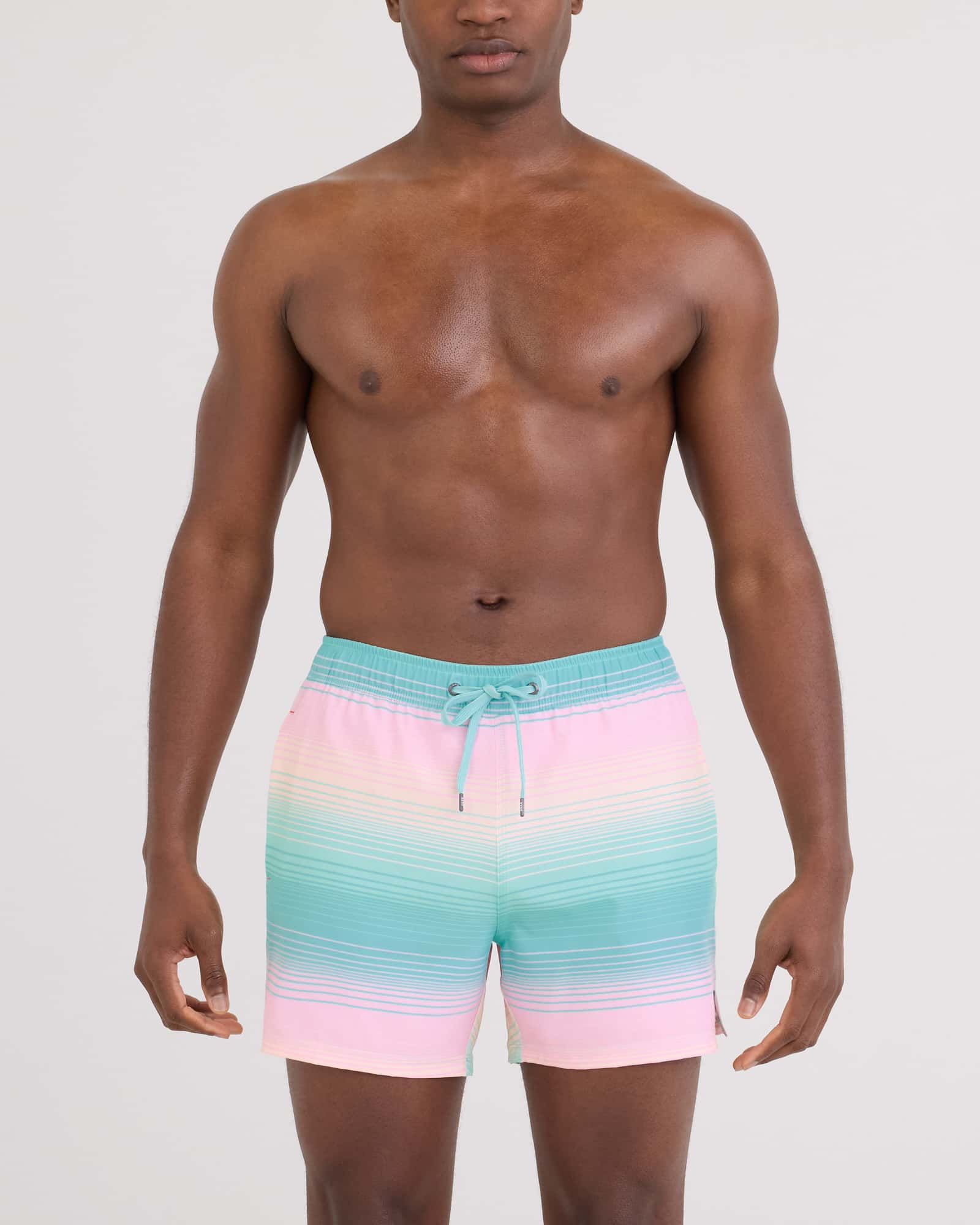Front - Model wearing Oh Buoy 2N1 Volley 5" in Hazy Stripe-Aqua