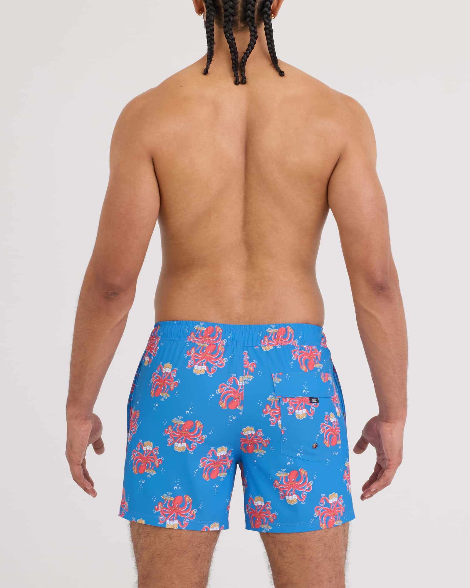 Back - Model wearing Oh Buoy 2N1 Volley 5" in Octopus Bartender-Blue