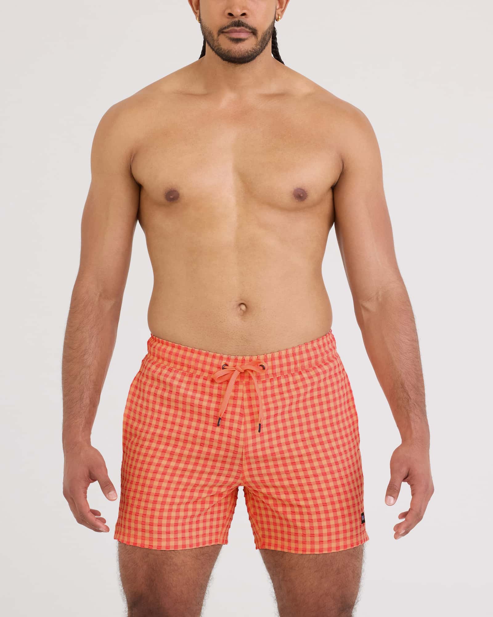 Front - Model wearing Oh Buoy 2N1 Volley 5" in Peach Gingham