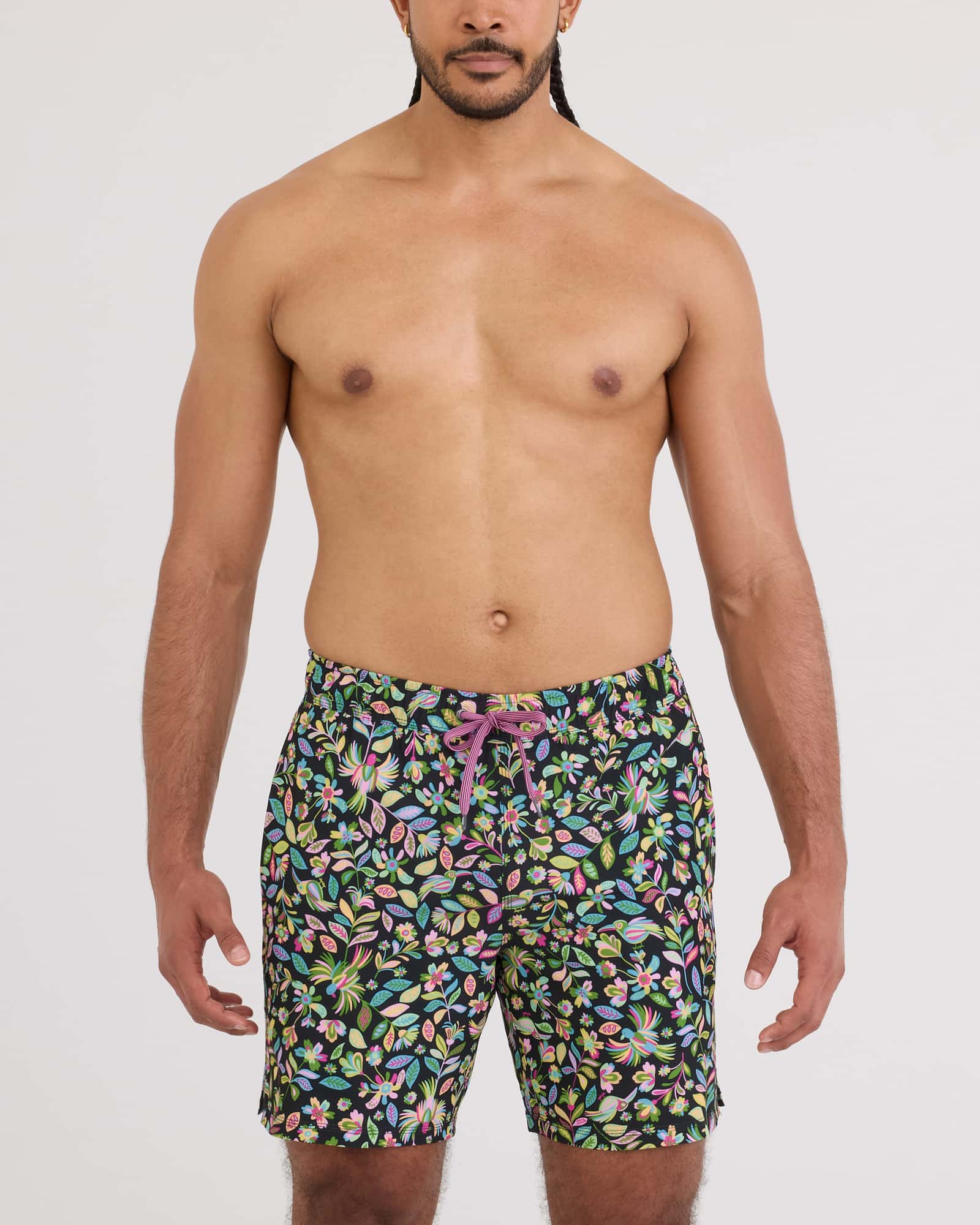 Front - Model wearing Oh Buoy 2N1 Volley 7" in Amate Garden-Black