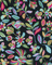 Colorful floral and bird pattern on black fabric