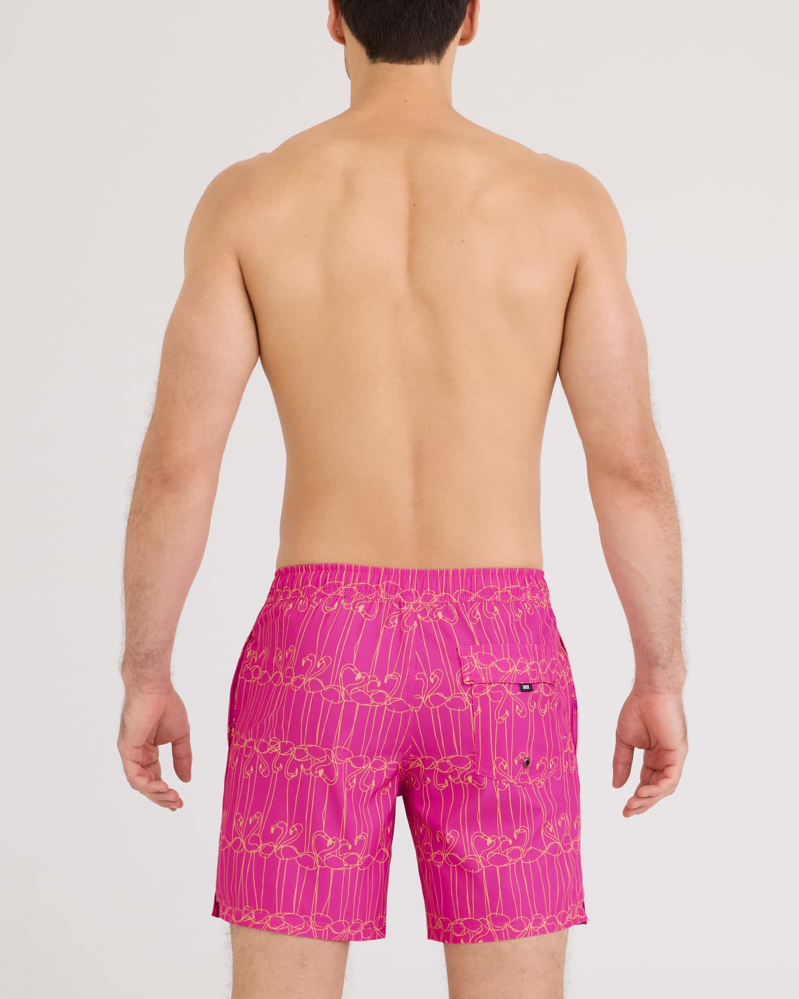 Back - Model wearing Oh Buoy 2N1 Volley 7" in Flamingo Ink-Fuchsia