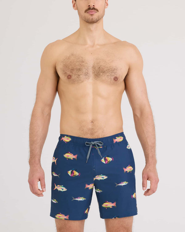 Front - Model wearing Oh Buoy 2N1 Volley 7" in Gulf Fish-Dark Denim