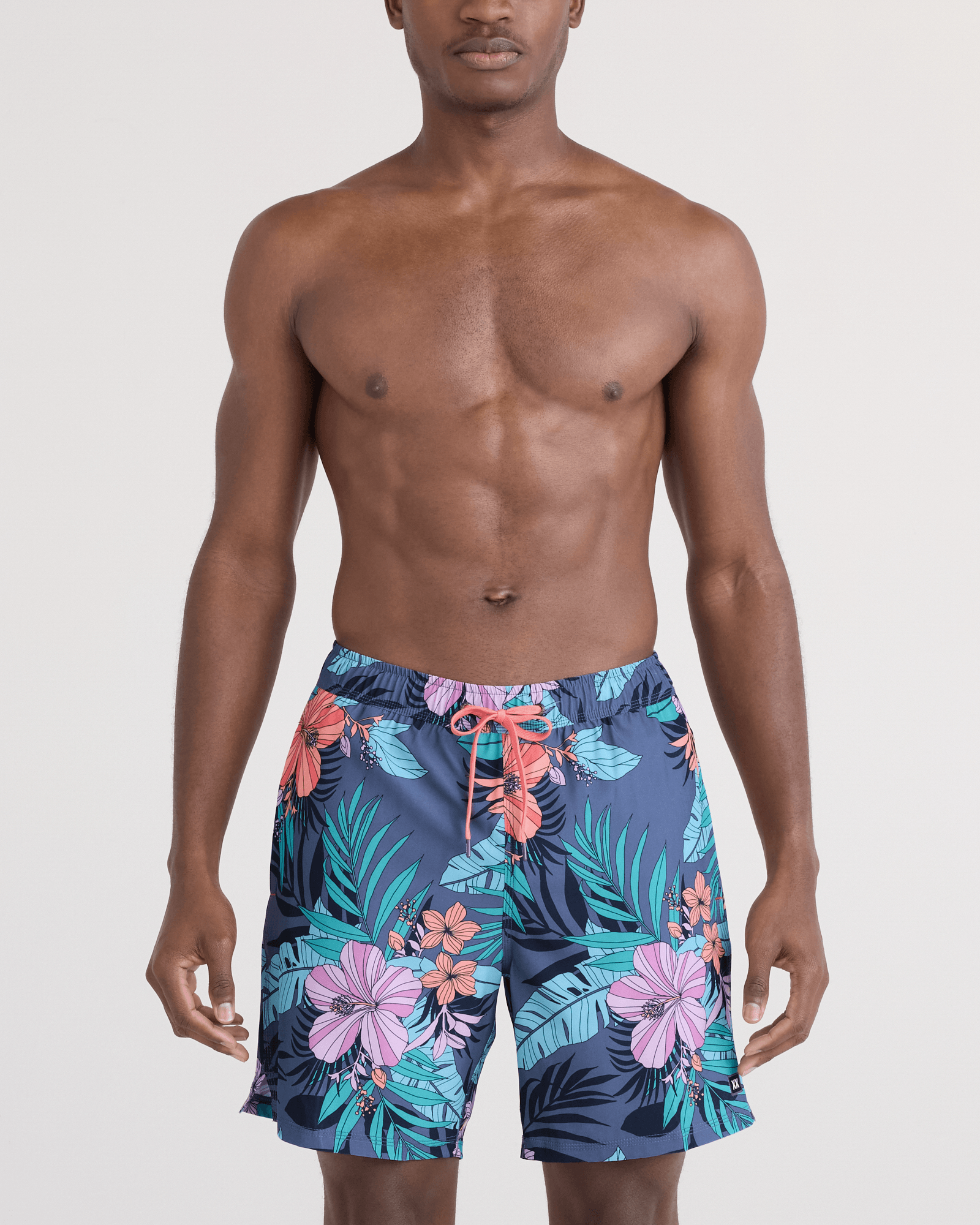 Front - Model wearing  Oh Buoy 2N1 Swim Trunk 7" in Hibiscus Jungle-Indigo