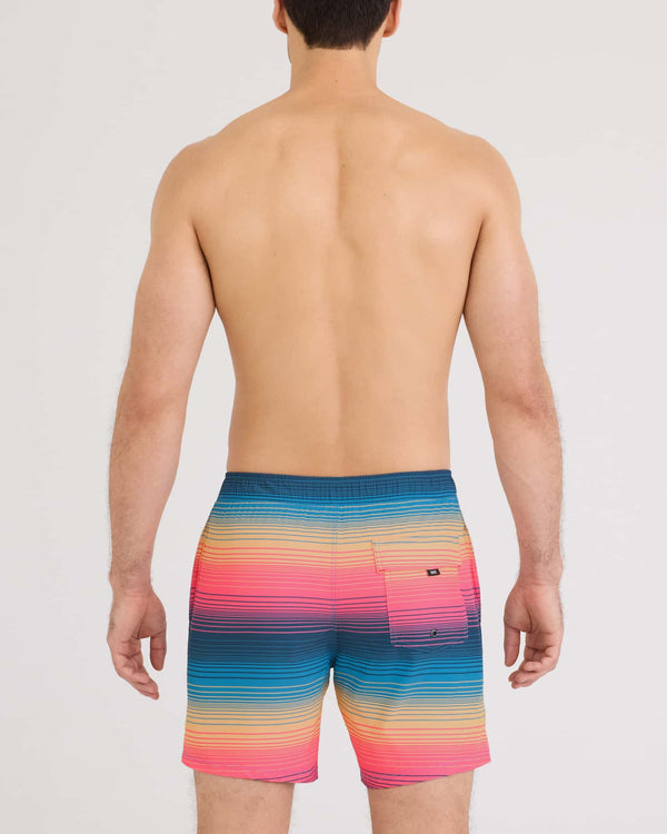Back - Model wearing Oh Buoy 2N1 Volley 7" in Hazy Stripe-Sunset