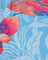 Close-up of a fabric with pink floral patterns on a blue background
