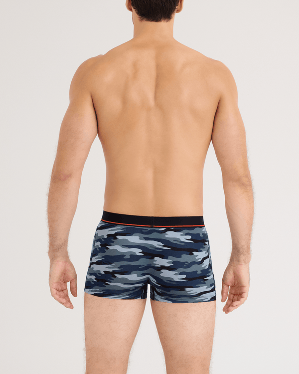 Back - Model wearing Non-Stop Stretch Cotton Trunk Fly in Analog Wave Camo