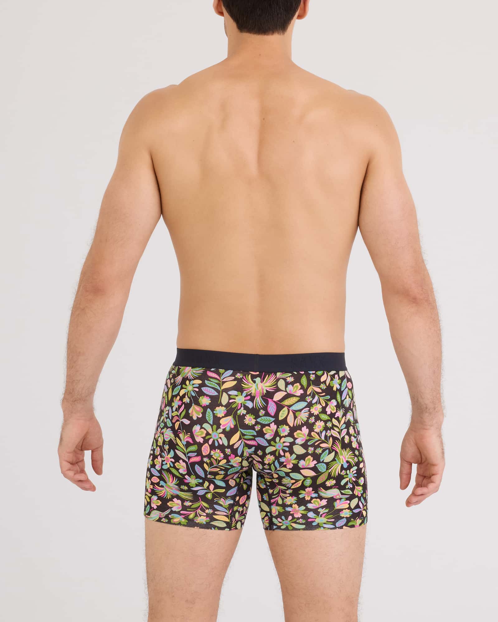 Back - Model wearing Vibe Xtra Soft Comfort Boxer Brief Fly in Amate Garden-Black