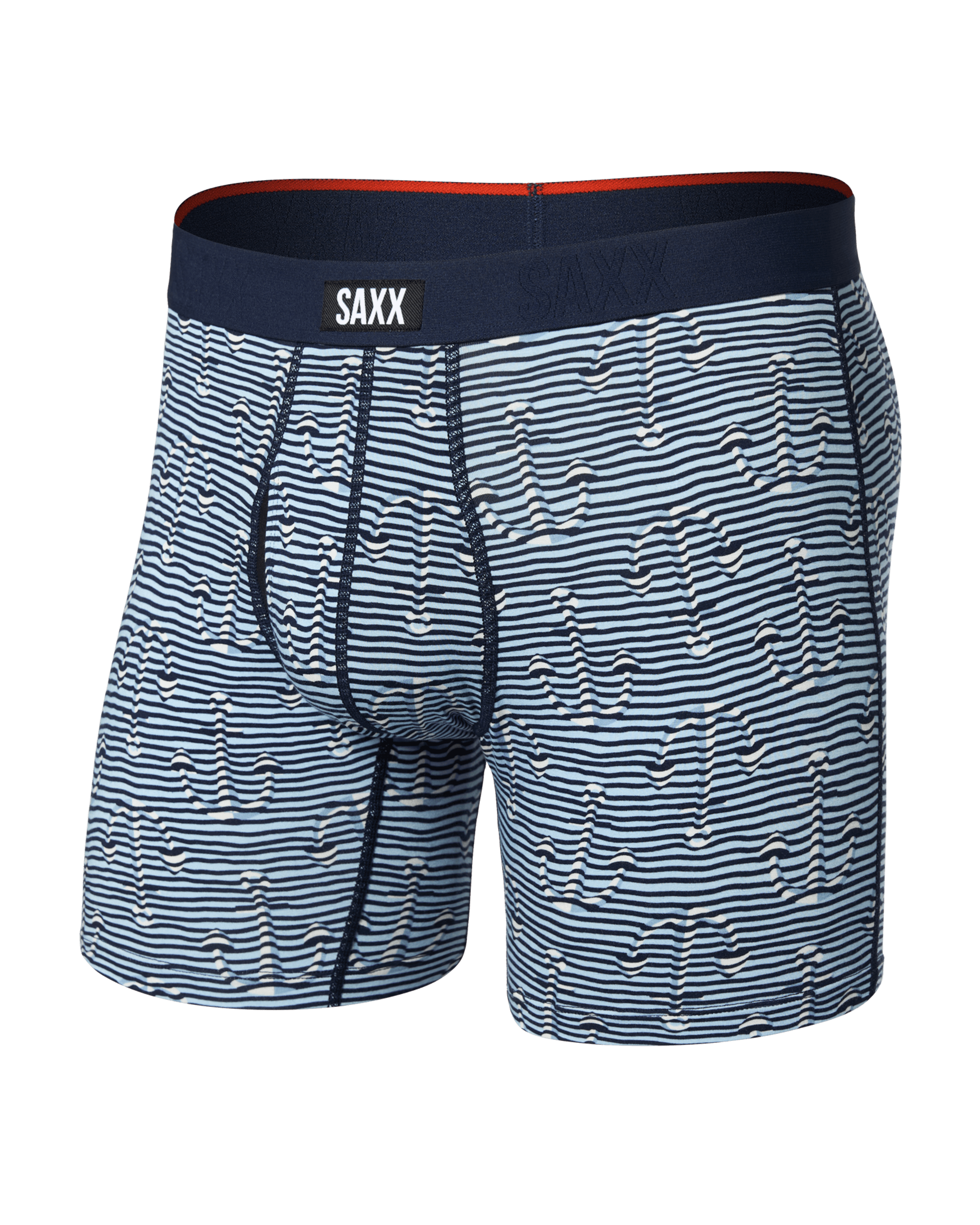 Front of Vibe Xtra Soft Comfort Boxer Brief Fly in Anchor Stripe-Blue