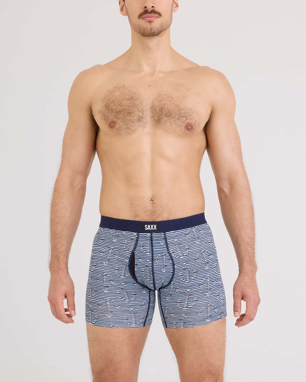 Front - Model wearing  Vibe Xtra Soft Comfort Boxer Brief Fly in Anchor Stripe-Blue