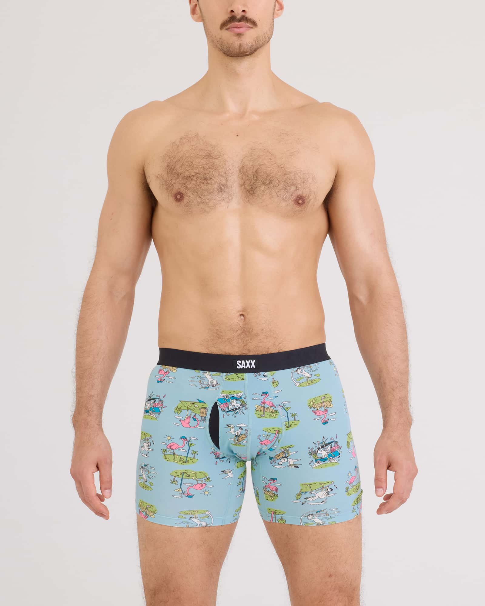 Front - Model wearing Vibe Xtra Soft Comfort Boxer Brief Fly in Birdie-Blue Tide