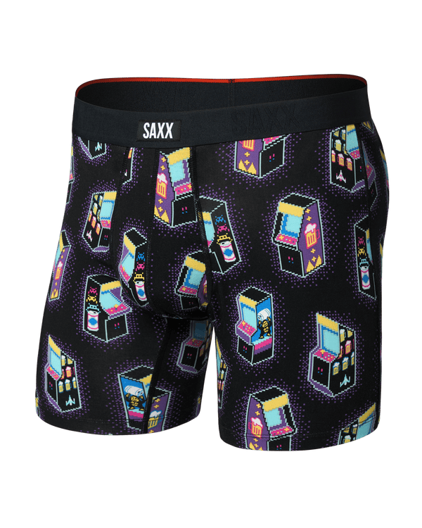 Front of Vibe Xtra Soft Comfort Boxer Brief Fly in Beercade-Black