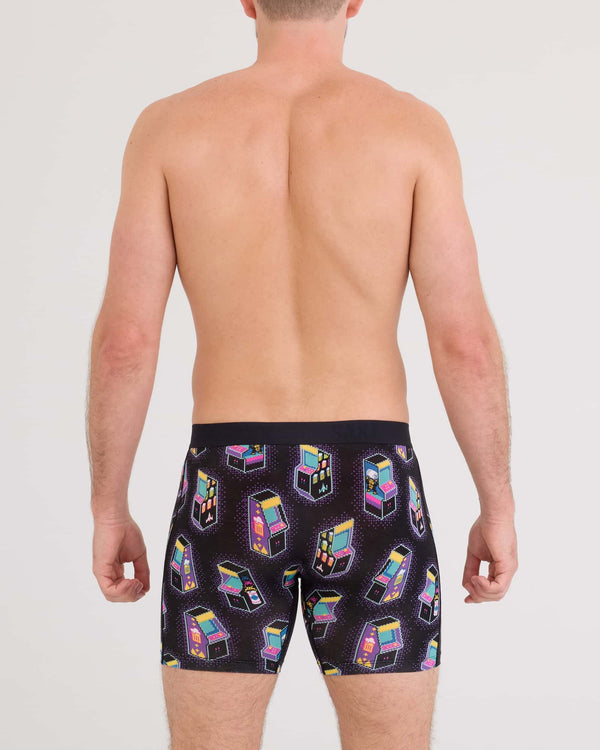 Back - Model wearing Vibe Xtra Soft Comfort Boxer Brief Fly in Beercade-Black