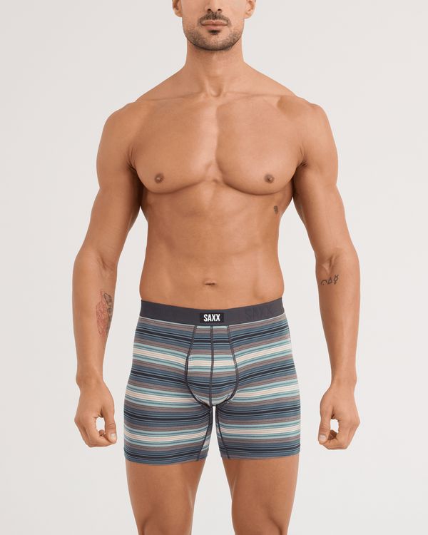 Front - Model wearing Vibe Xtra Soft Comfort Boxer Brief in Baja Stripe-Dark Sage