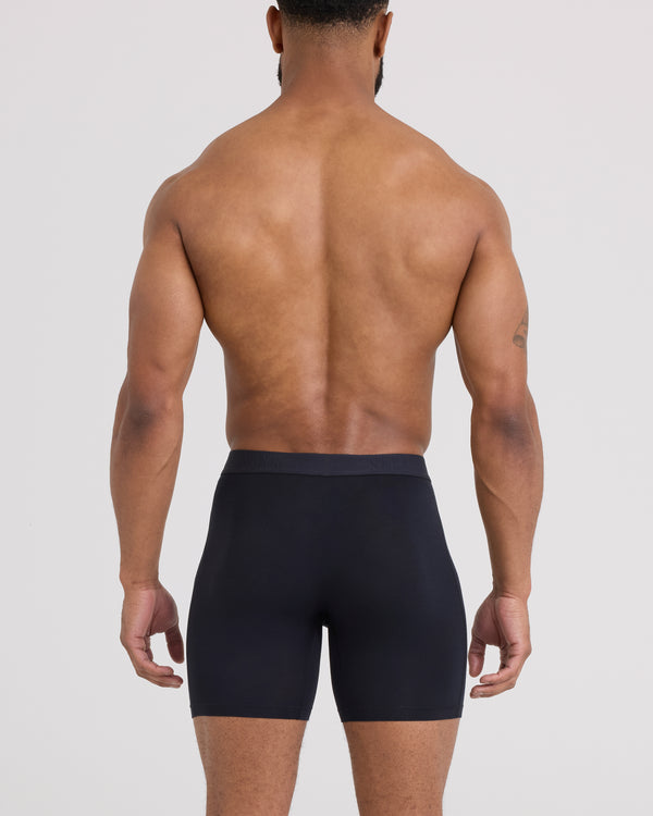Back - Model wearing Vibe Xtra Boxer Brief Fly in Black