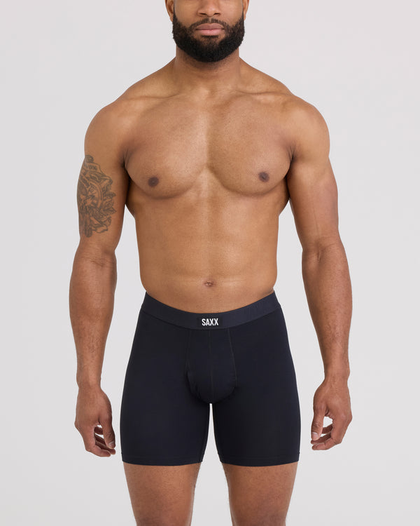 Front - Model wearing Vibe Xtra Boxer Brief Fly in Black