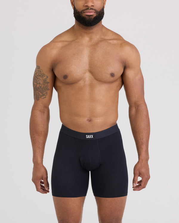 Front - Model wearing Vibe Xtra Boxer Brief Fly in Black