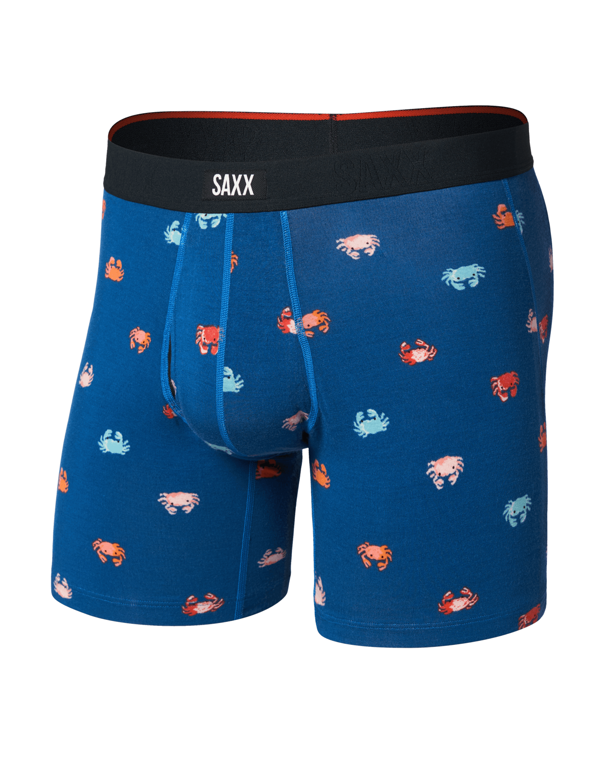 Front of Vibe Xtra Soft Comfort Boxer Brief Fly in Crab Boil-Navy Dawn