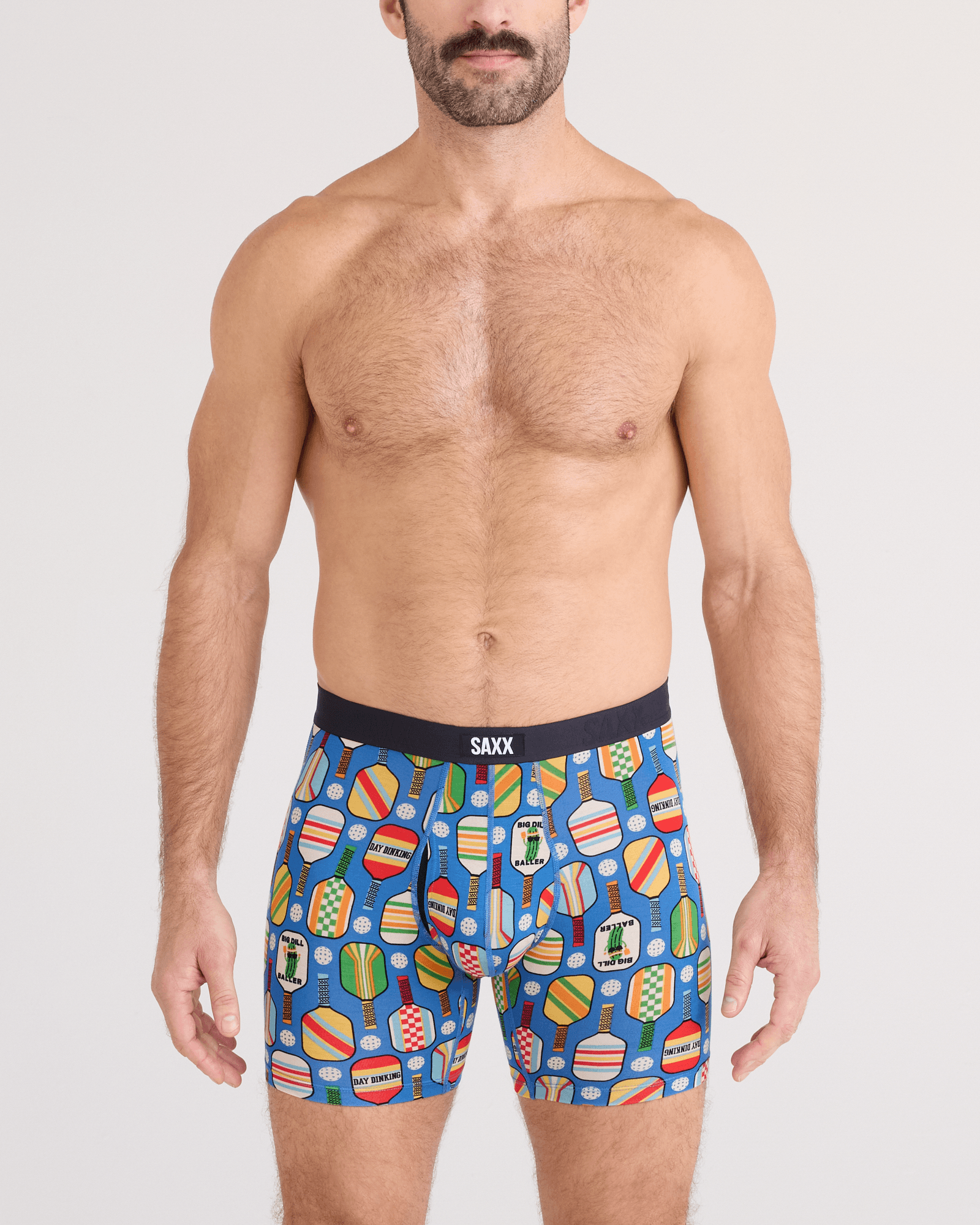 Front - Model wearing  Vibe Xtra Soft Comfort Boxer Brief Fly in Day Dinking-Bold Blue