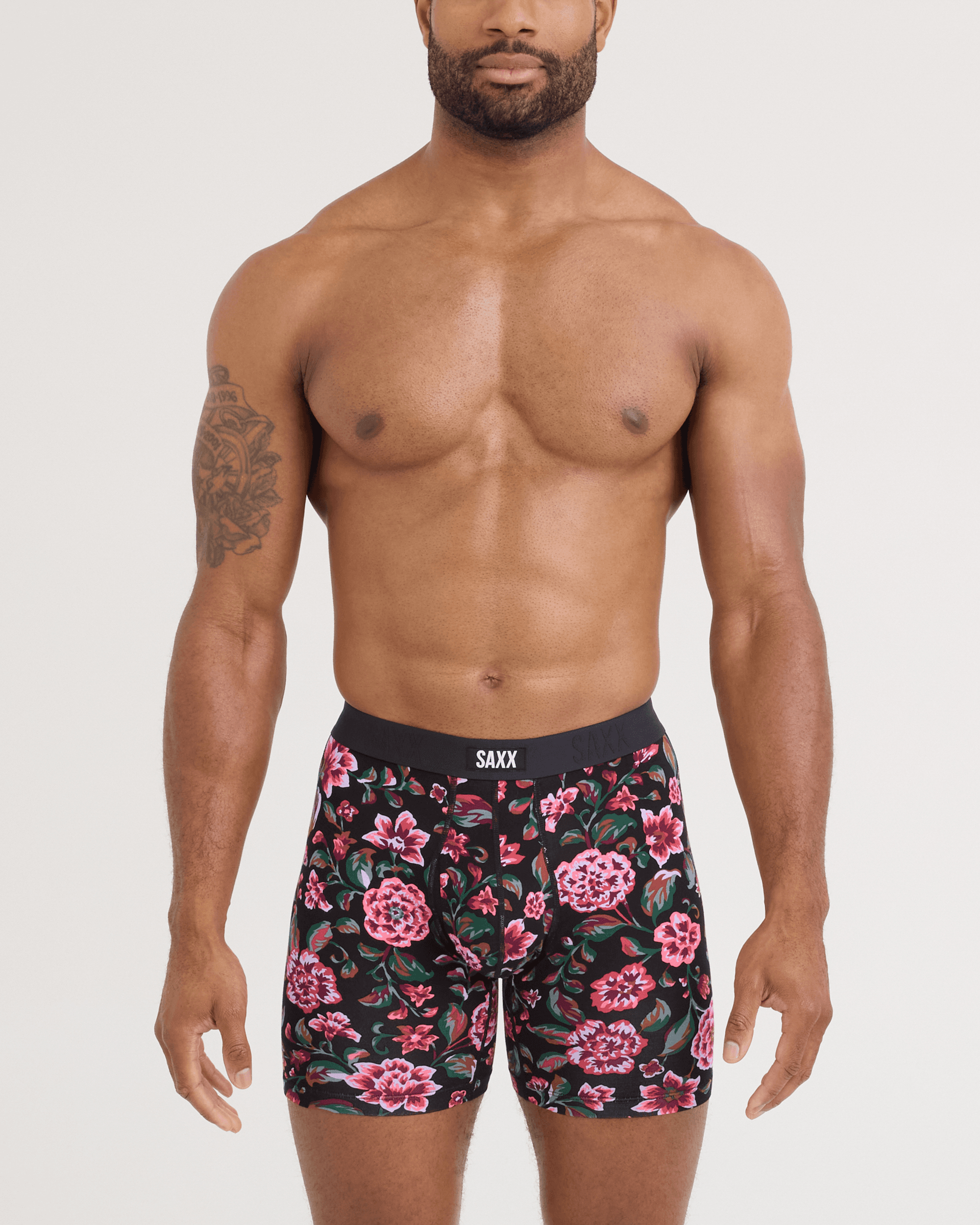 Front - Model wearing Vibe Xtra Soft Comfort Boxer Brief 2 Pack in Dandy Floral/Black