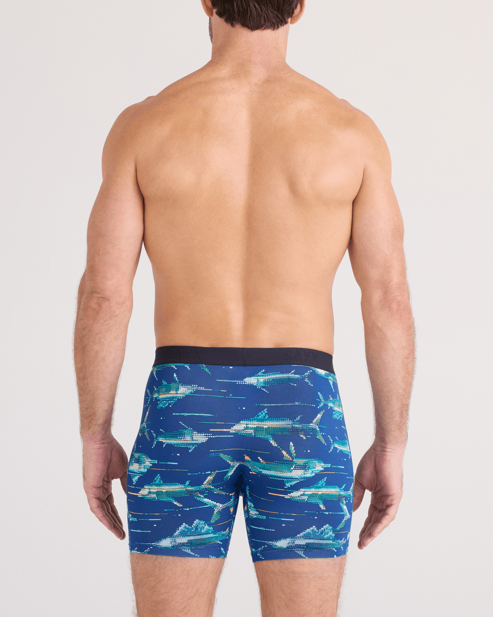 Back - Model wearing  Vibe Xtra Soft Comfort Boxer Brief Fly in Digi Fish-Sapphire
