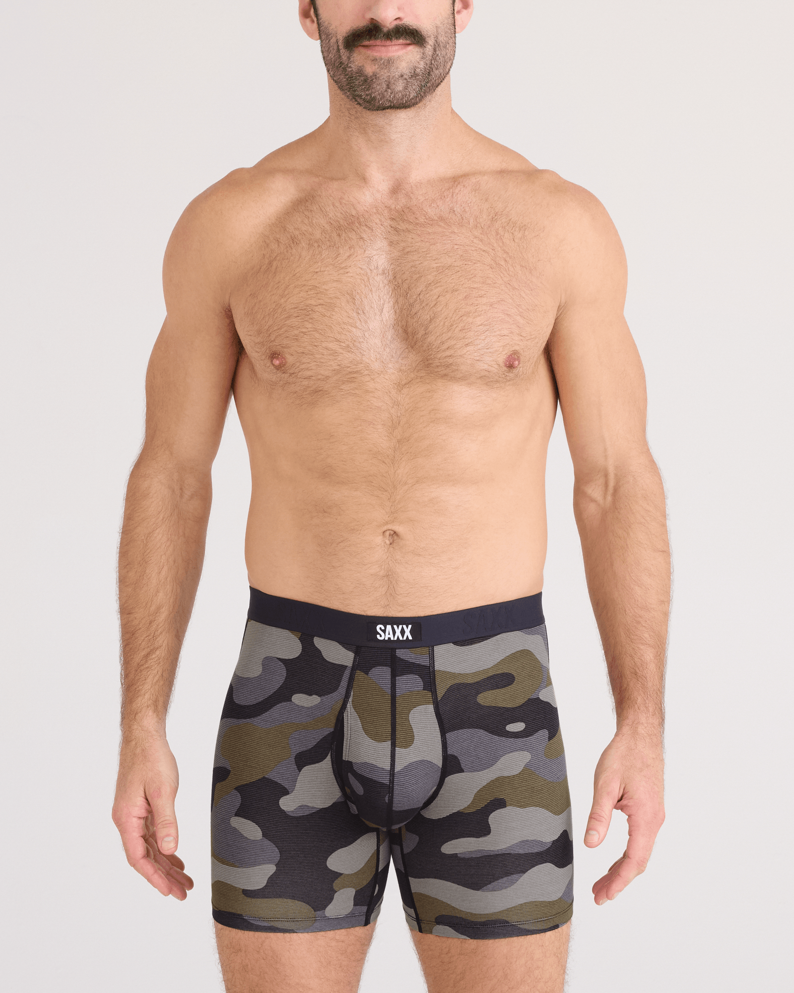 Front - Model wearing  Vibe Xtra Soft Comfort Boxer Brief Fly in Dunk Tank Camo-Multi
