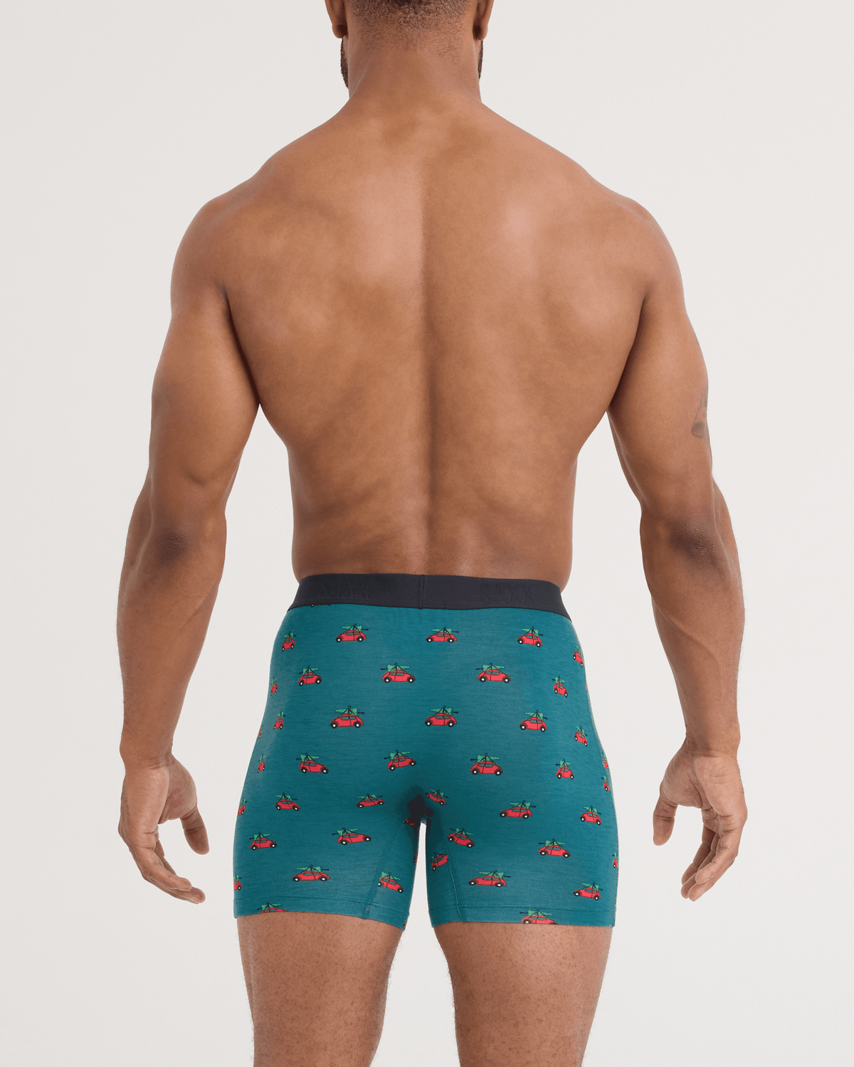 Back - Model wearing Vibe Xtra Soft Comfort Boxer Brief 5 Pack in Holiday Errand/Red/Black