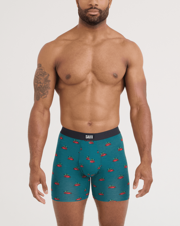 Front - Model wearing Vibe Xtra Soft Comfort Boxer Brief 5 Pack in Holiday Errand/Red/Black