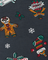 Christmas beer themed fabric with gingerbread man, candy cane, and holly design on a dark background