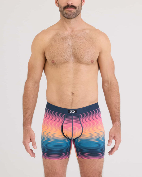 Front - Model wearing Vibe Xtra Soft Comfort Boxer Brief Fly in Hazy Stripe-Sunset