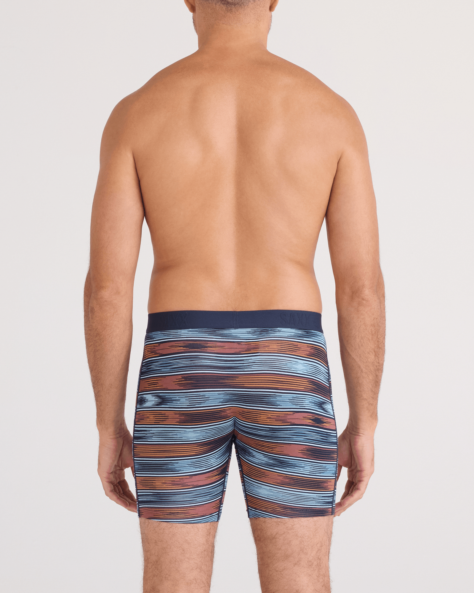 Back - Model wearing  Vibe Xtra Soft Comfort Boxer Brief Fly in Ikat Stripe-Multi