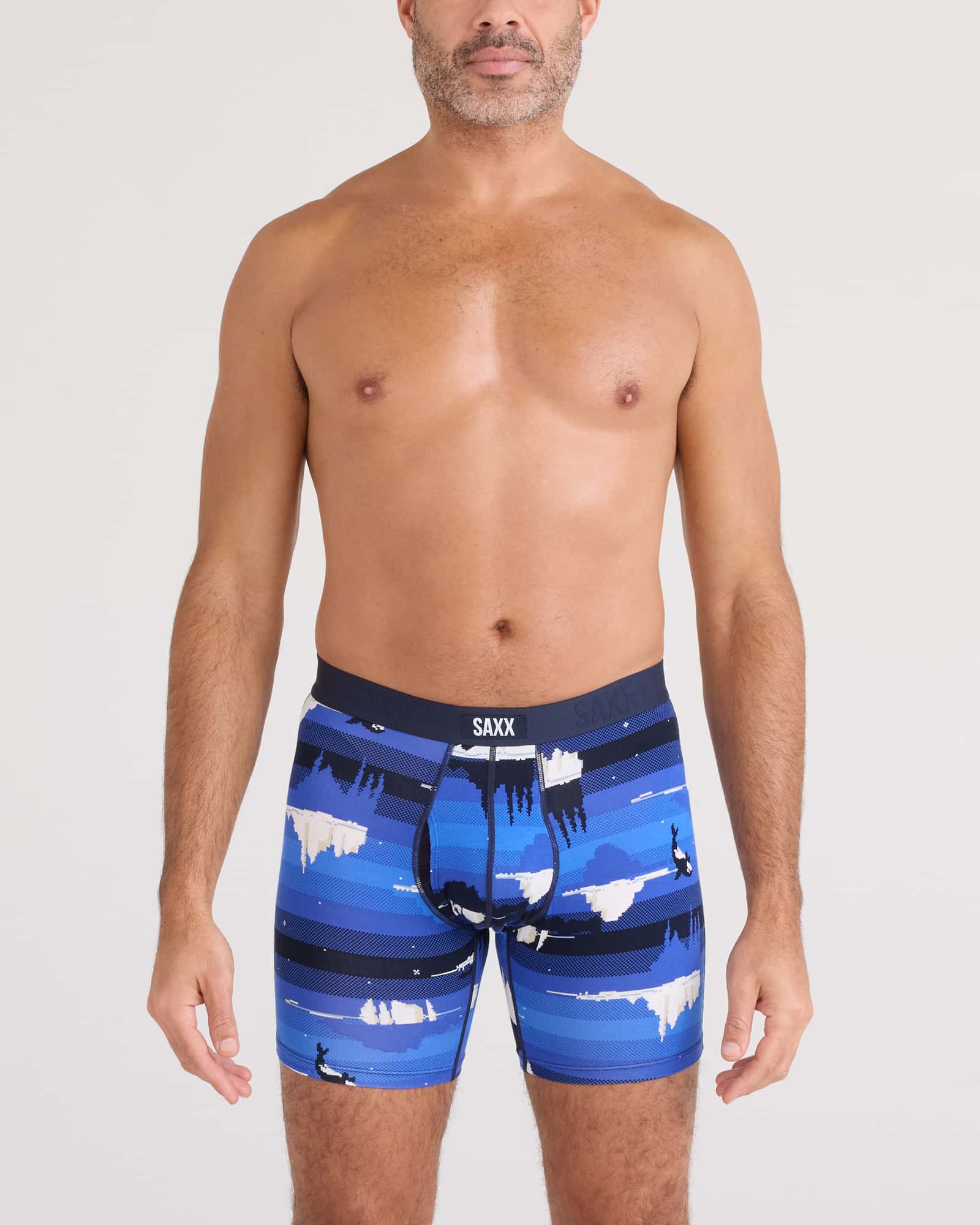 Front - Model wearing  Vibe Xtra Soft Comfort Boxer Brief Fly in Iceberg Stripe-Blue