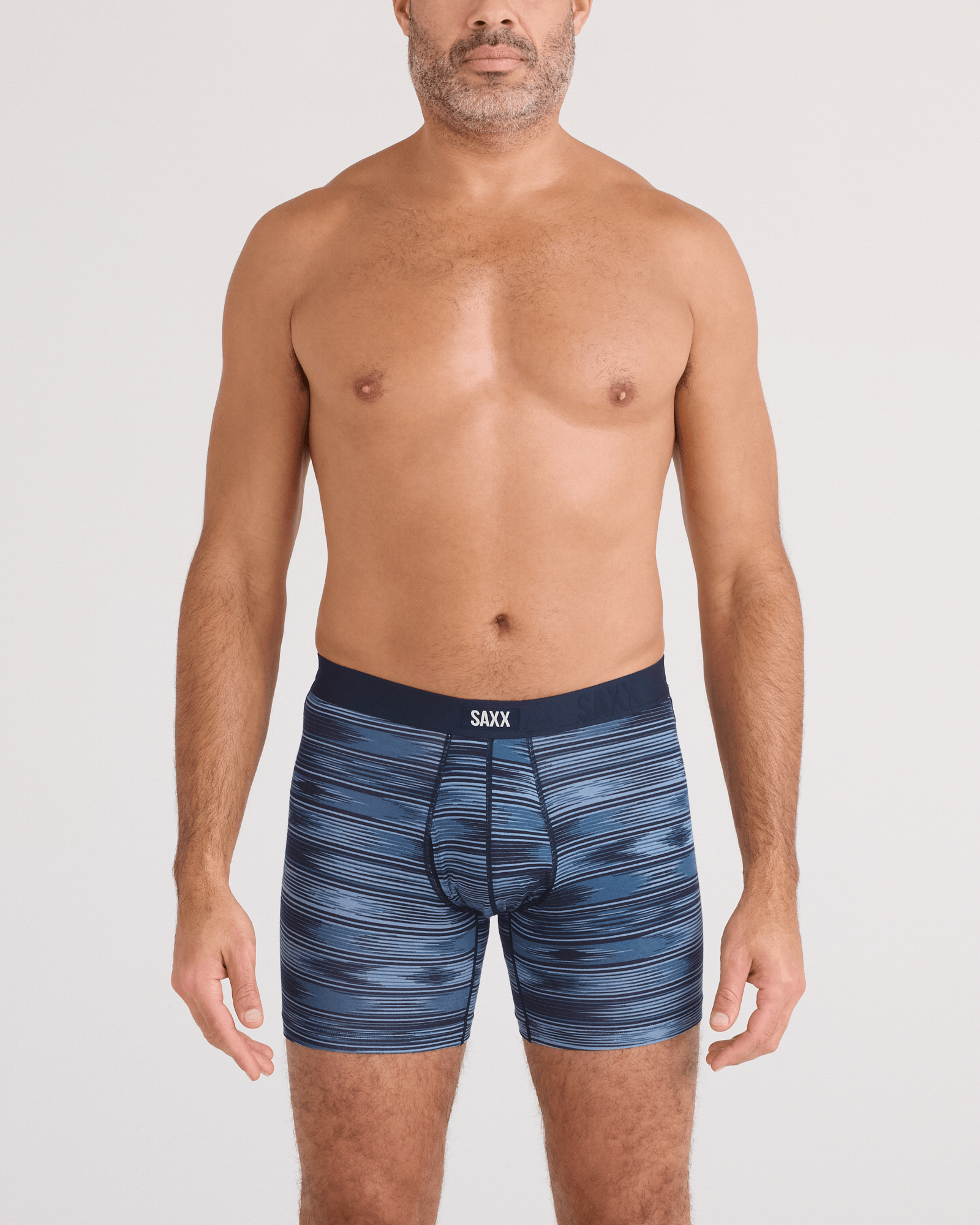 Front - Model wearing  Vibe Xtra Soft Comfort Boxer Brief Fly in Ikat Stripe-Dark Denim