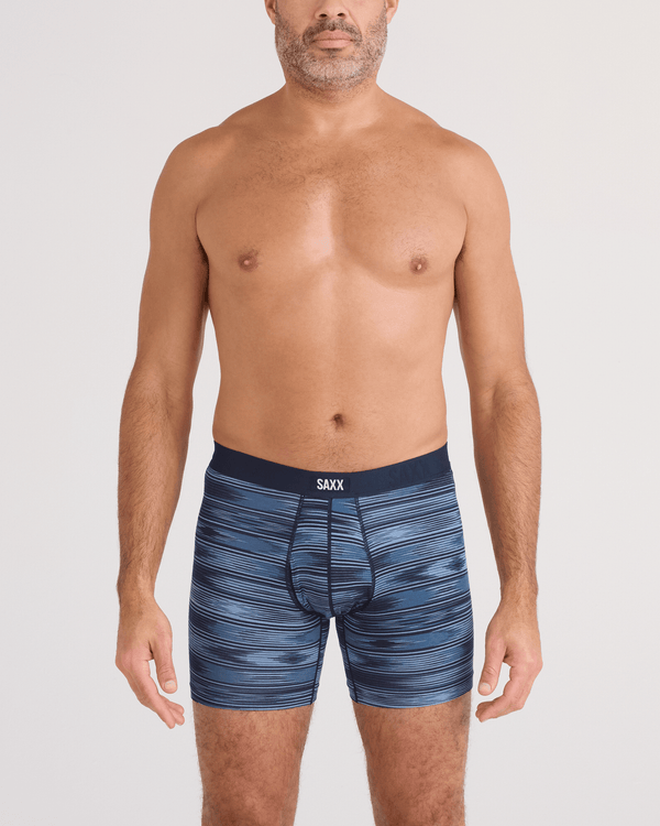 Front - Model wearing  Vibe Xtra Soft Comfort Boxer Brief Fly in Ikat Stripe-Dark Denim