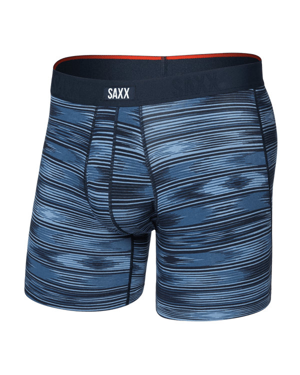 Front of  Vibe Xtra Soft Comfort Boxer Brief Fly in Ikat Stripe-Dark Denim