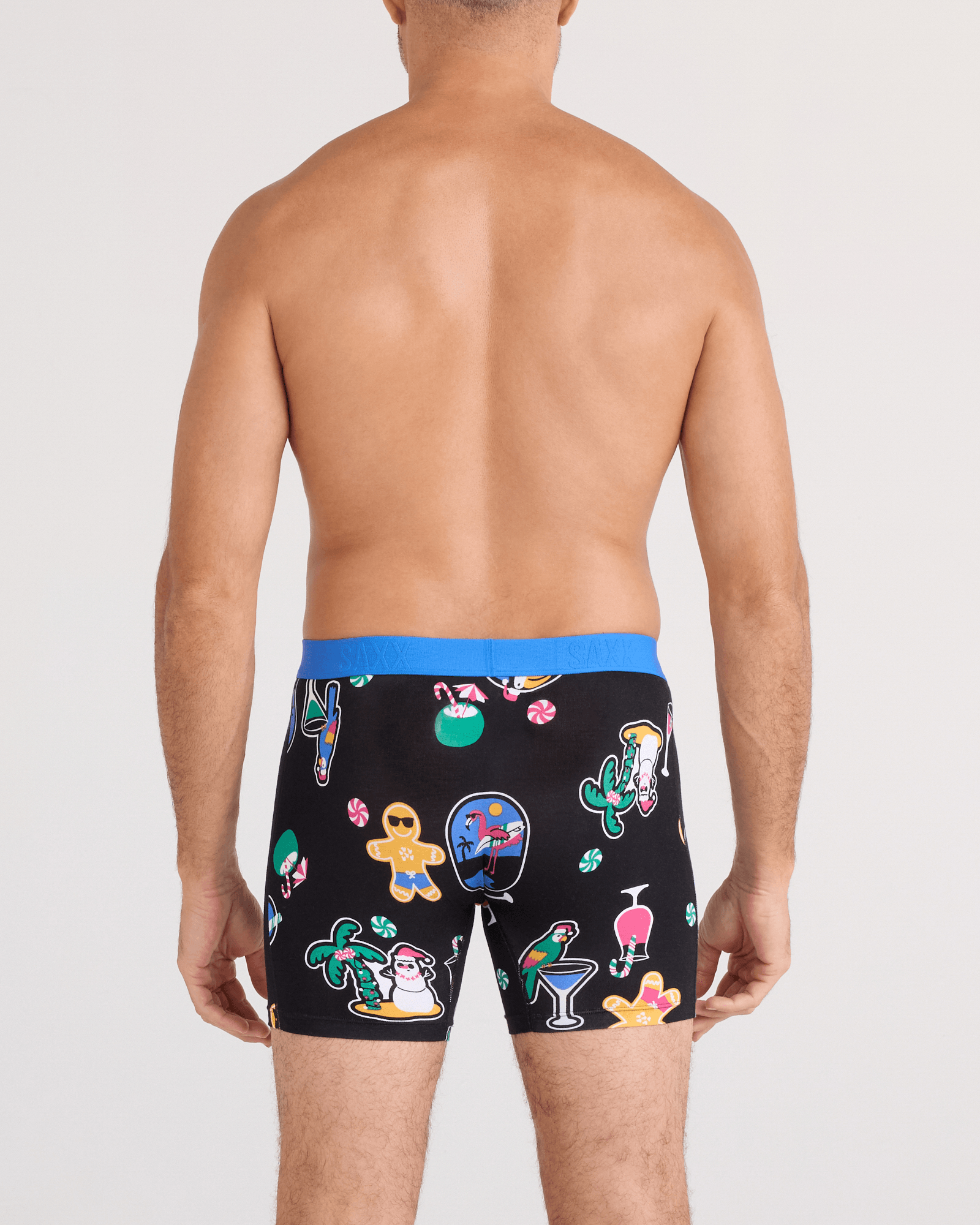 Back - Model wearing  Vibe Xtra Soft Comfort Boxer Brief Fly in Island Holiday-Black