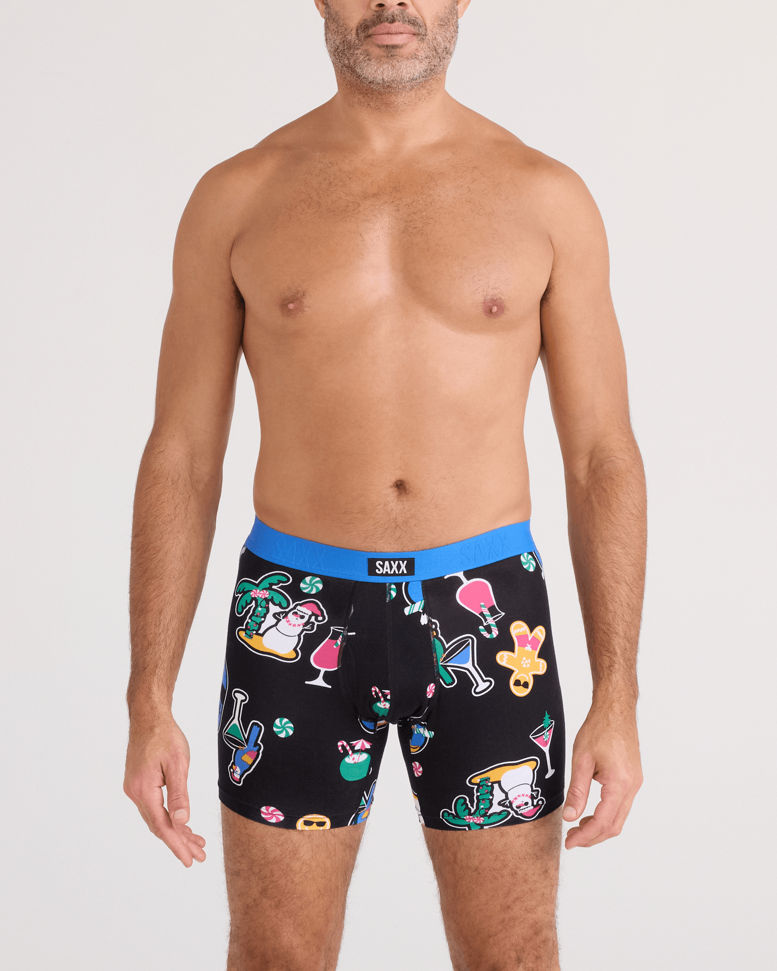 Front - Model wearing  Vibe Xtra Soft Comfort Boxer Brief Fly in Island Holiday-Black