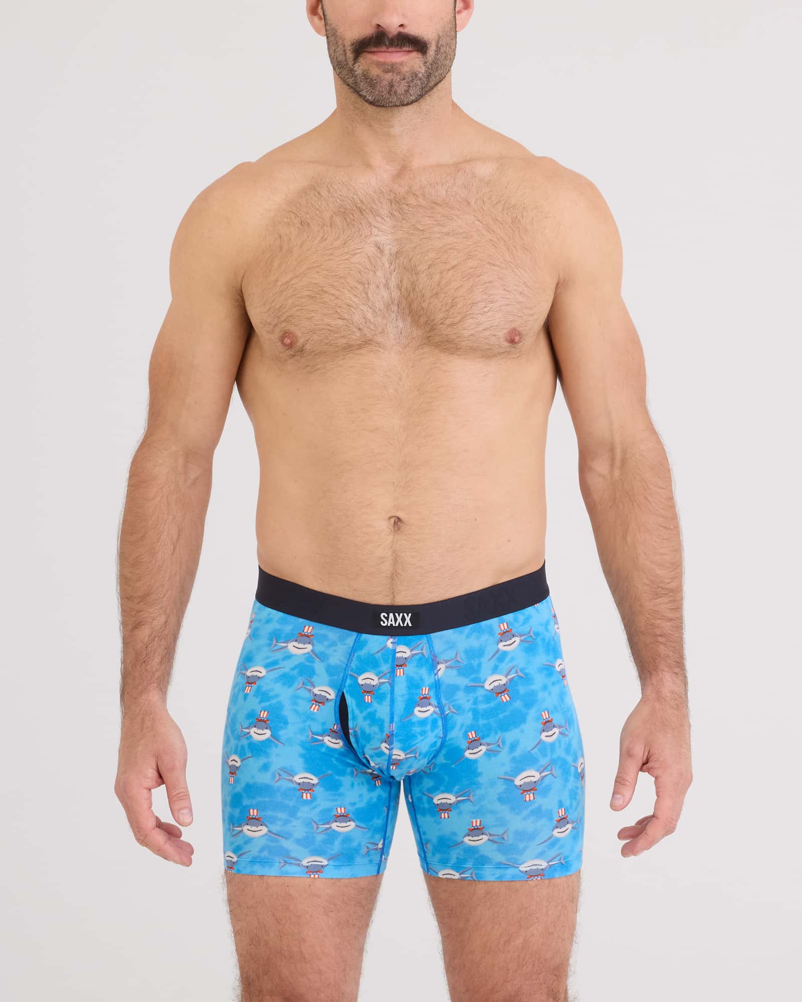 Front - Model wearing Vibe Xtra Soft Comfort Boxer Brief Fly in I Want You-Bold Blue
