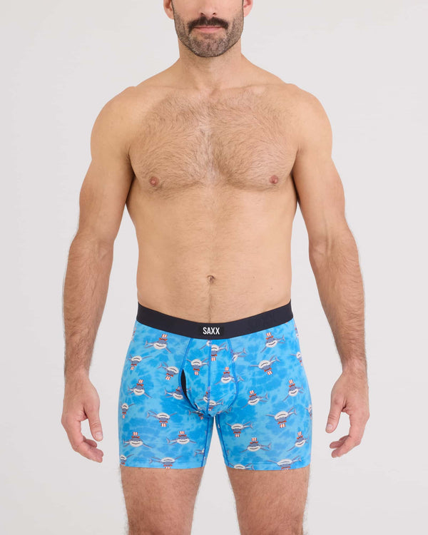 Front - Model wearing Vibe Xtra Soft Comfort Boxer Brief Fly in I Want You-Bold Blue
