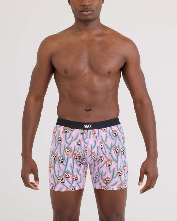 Front - Model wearing Vibe Xtra Soft Comfort Boxer Brief Fly in Lucho Libre-Orchid