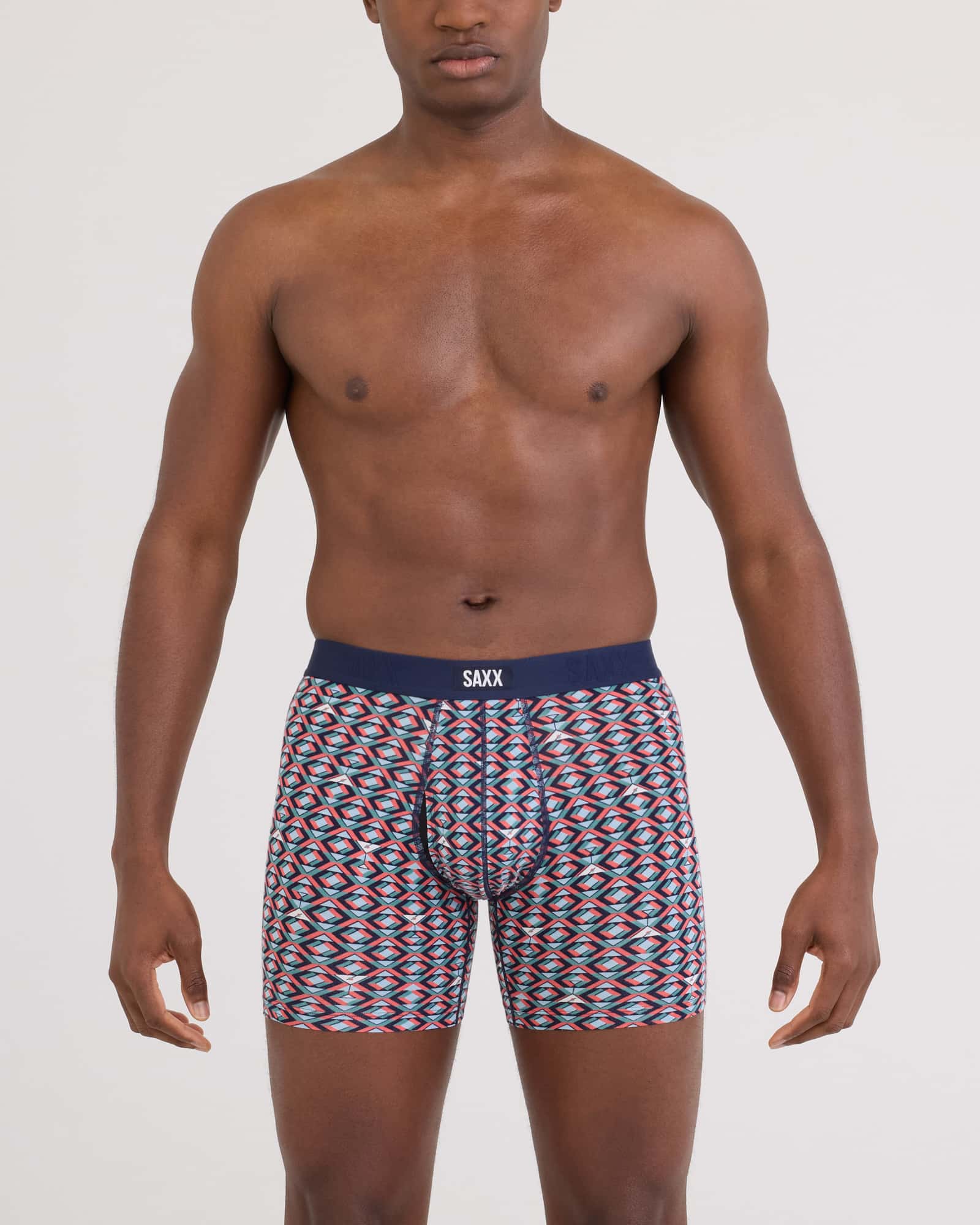 Front - Model wearing  Vibe Xtra Soft Comfort Boxer Brief Fly in Martini Geo-Multi