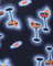 Pattern of cocktail glasses and cherries on a dark background