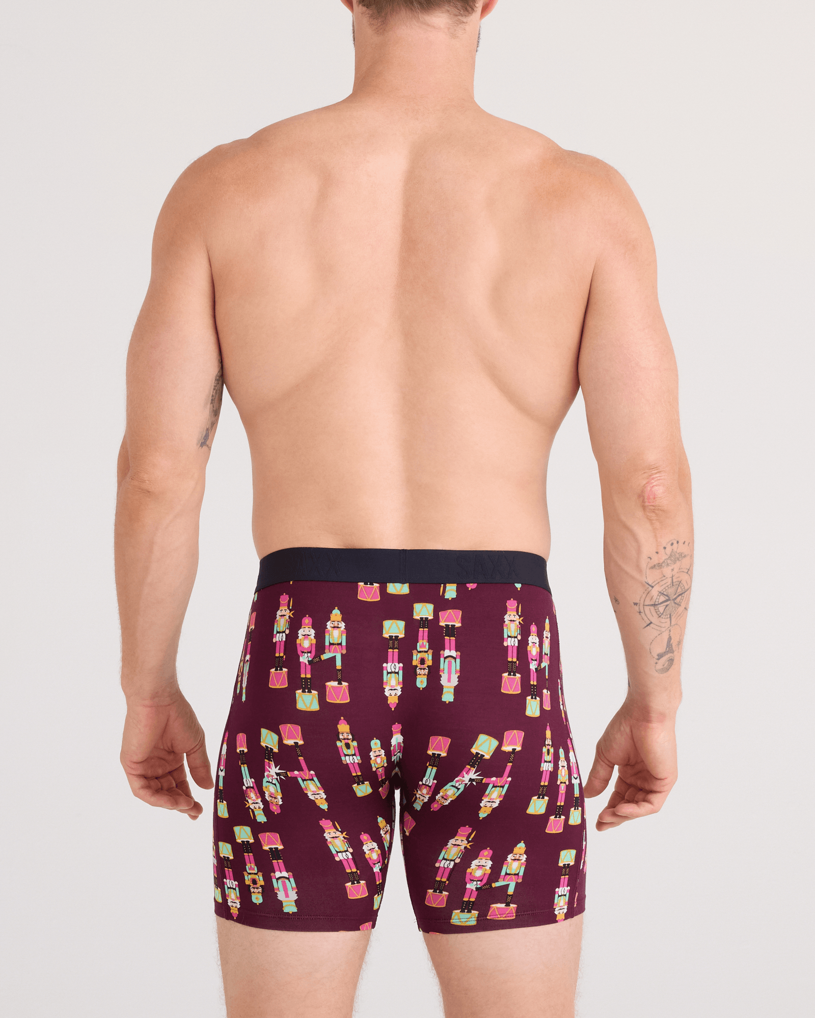 Back - Model wearing  Vibe Xtra Soft Comfort Boxer Brief Fly in Nutcracker 25-Maroon