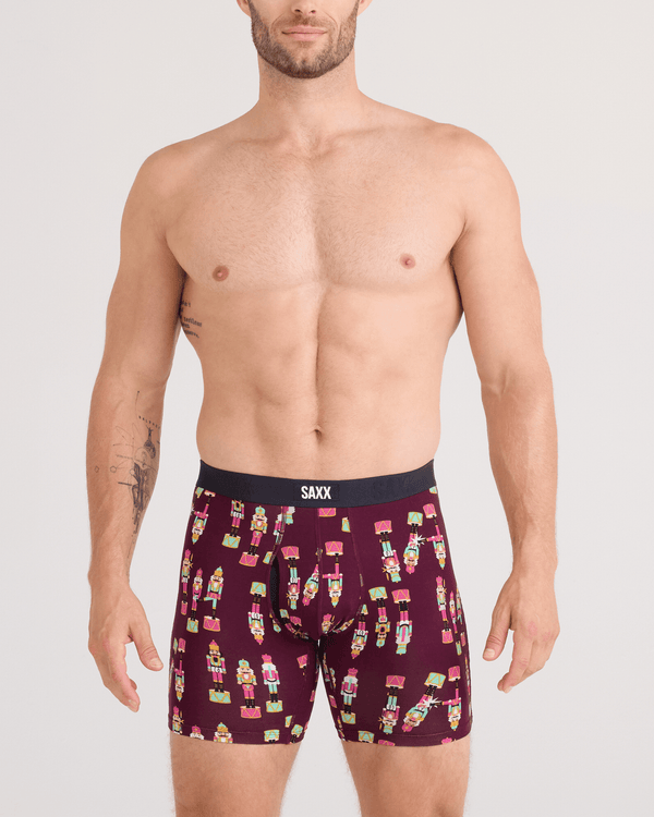 Front - Model wearing  Vibe Xtra Soft Comfort Boxer Brief Fly in Nutcracker 25-Maroon
